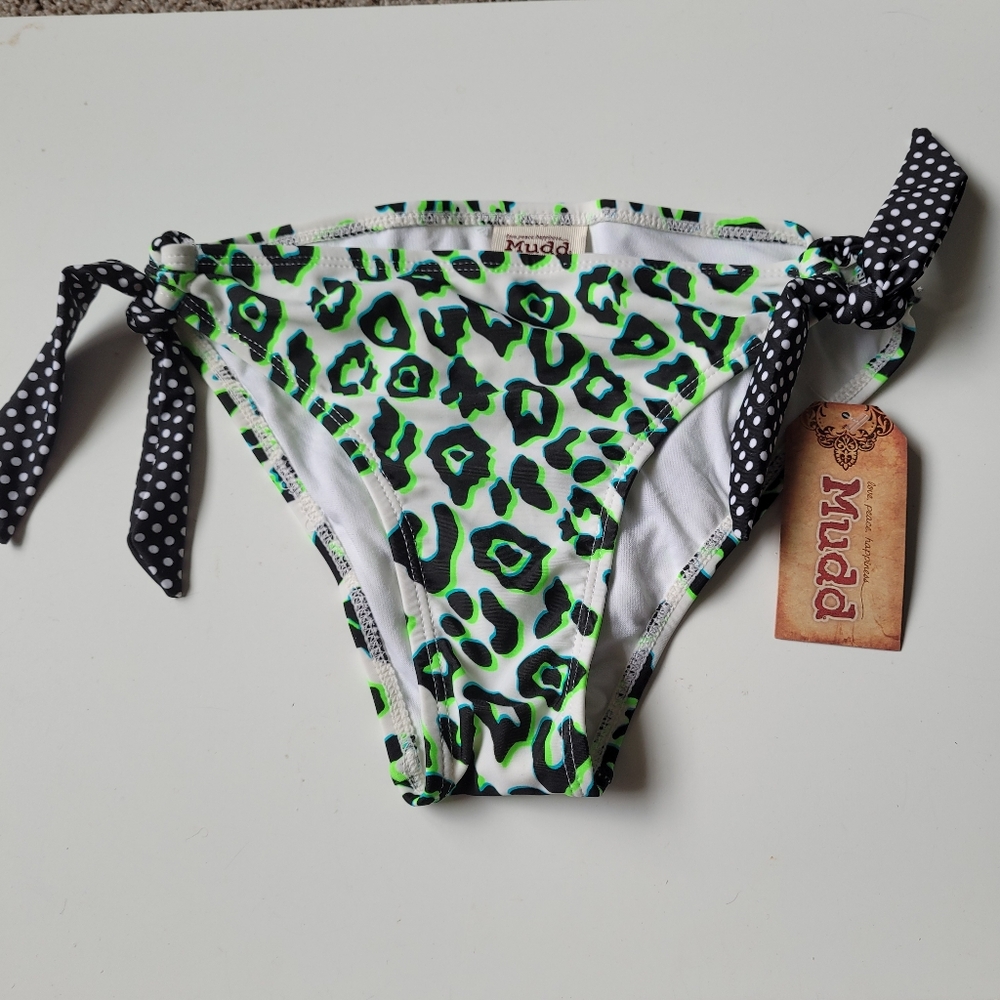 *Sale*NWT Mudd Small Green Leopard Print Bikini Bottom Keyhole Side Tie Scoop